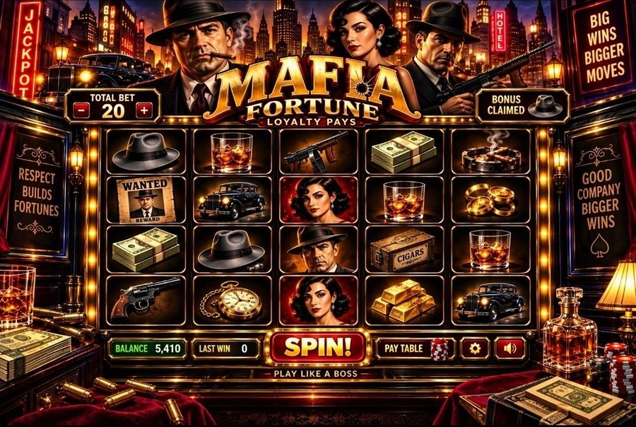 The Boss's Vault slot machine — a 1930s boss, his moll and a tommy gun under city lights