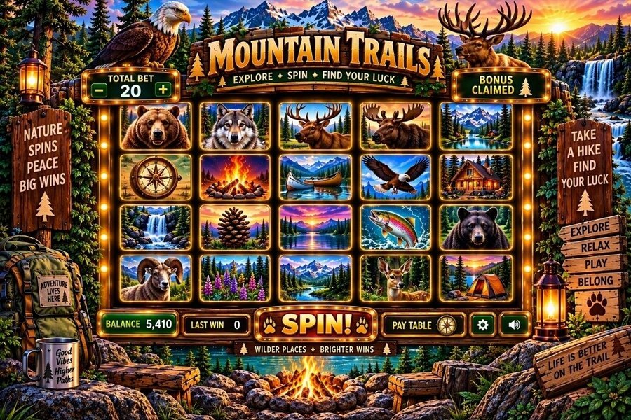 Mountain Trails slot machine — bald eagle and elk beneath snowy peaks