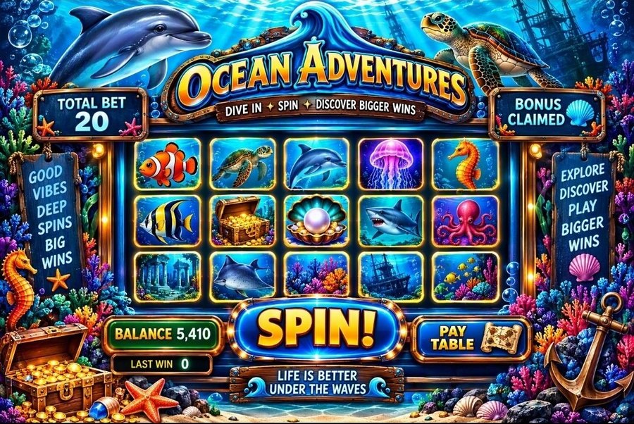 Ocean Adventures slot machine — dolphin, sea turtle and a sunken ship
