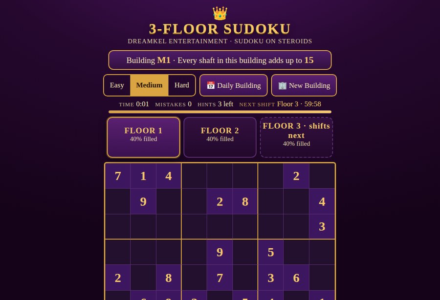 3-Floor Sudoku — a Sudoku building of three stacked floors, gold numbers on plum