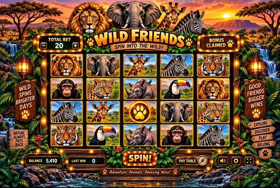 Wild Friends slot machine — lion, elephant, giraffe and zebra at a savanna sunset