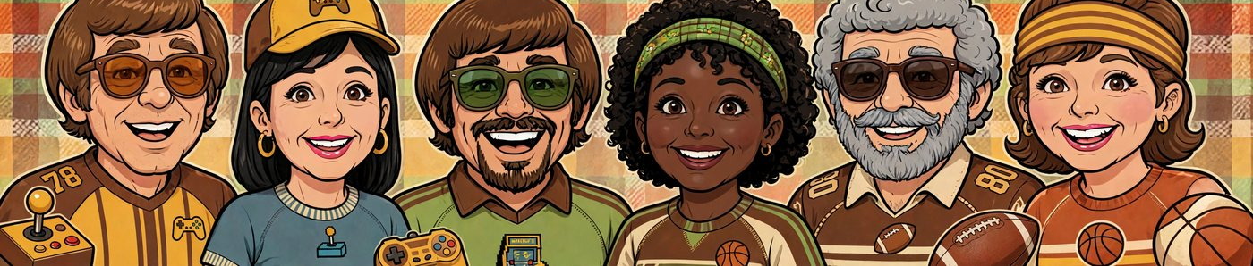 The Dreamkel gang — six friends in their seventies and eighties gear, smiling on a plaid background